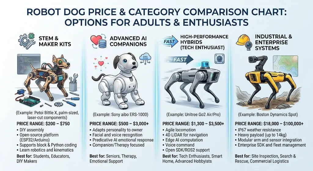 [Image suggestion Comparison chart graphic showing four robot dog categories with price ranges. Alt text robot dog for adults price and category comparison chart]