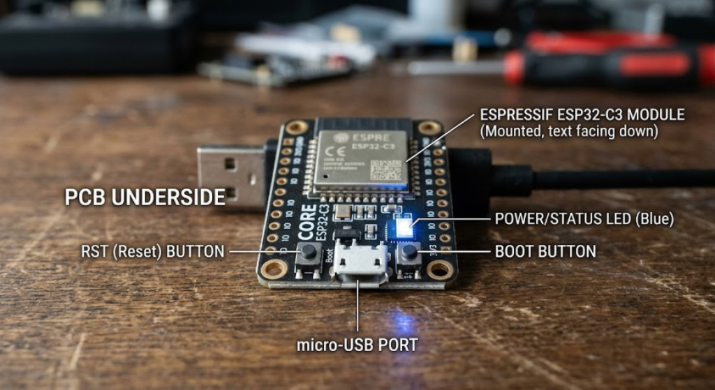 the bottom of the board with USB port, BOOT/RST buttons, and LED labeled]